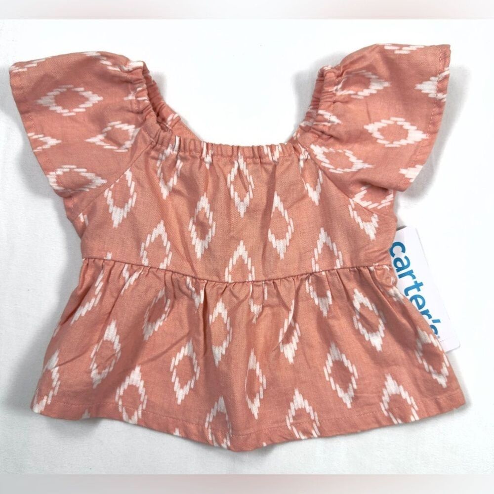 NWT CARTERS Girls Ikat Flutter‎ Sleeve Peplum Top 3M Boho Neutral NEW